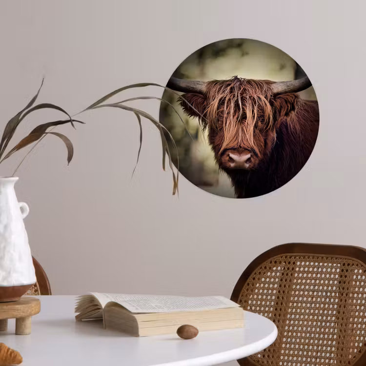 Schotse hooglander - Licht - Portret - Natuur Wandcirkel behangsticker klein -sfeer3
