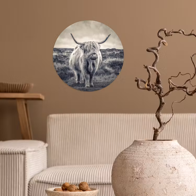 Schotse hooglander - Dieren - Wolken - Koe - Natuur Wandcirkel behangsticker klein -sfeer1