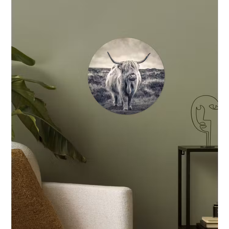 Schotse hooglander - Dieren - Wolken - Koe - Natuur Wandcirkel behangsticker klein -sfeer2