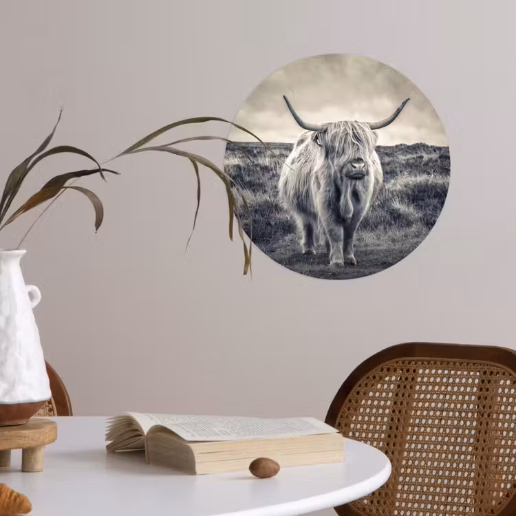 Schotse hooglander - Dieren - Wolken - Koe - Natuur Wandcirkel behangsticker klein -sfeer3