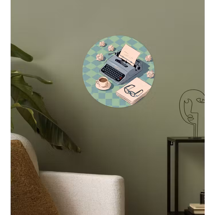 Typemachine - Kantoor - Vintage - Illustratie - Groen Wandcirkel behangsticker klein -sfeer2