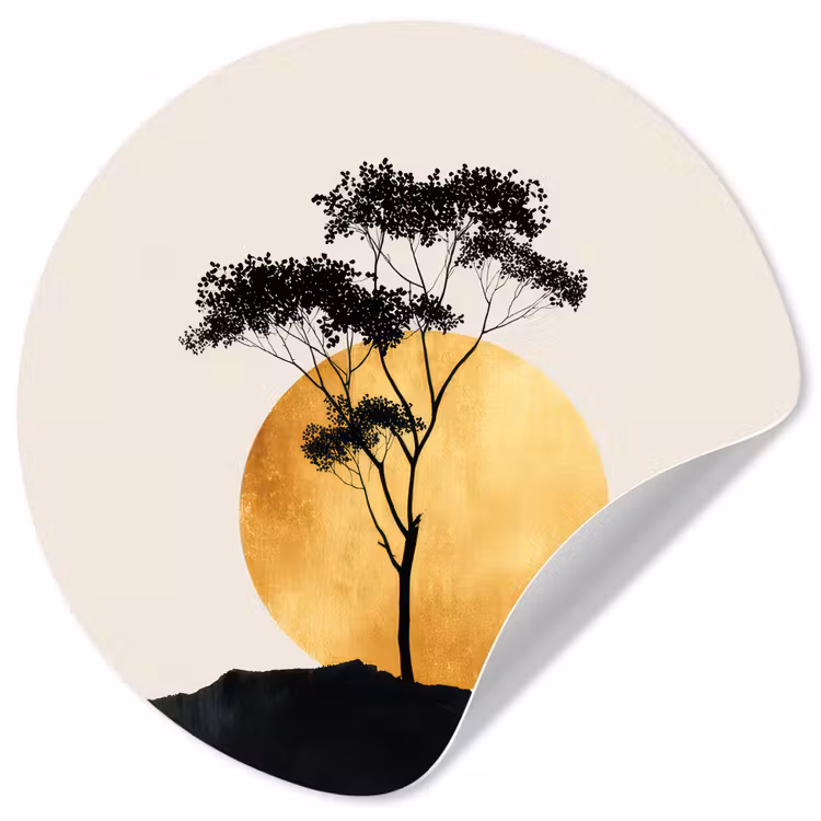 Zwarte boom - Gouden cirkel - Heuvel Wandcirkel behangsticker klein -3d