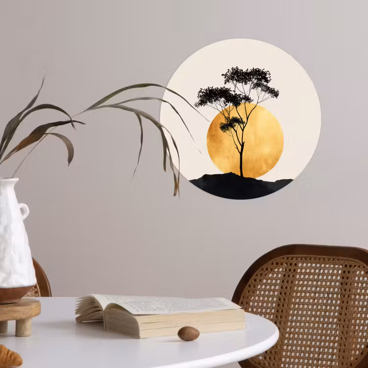Zwarte boom - Gouden cirkel - Heuvel Wandcirkel behangsticker klein -sfeer3