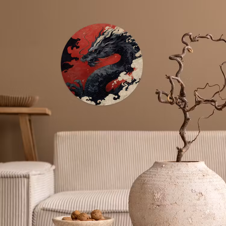 Zwarte draak - Rookwolken - Rood Wandcirkel behangsticker klein -sfeer1
