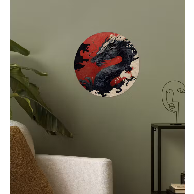 Zwarte draak - Rookwolken - Rood Wandcirkel behangsticker klein -sfeer2