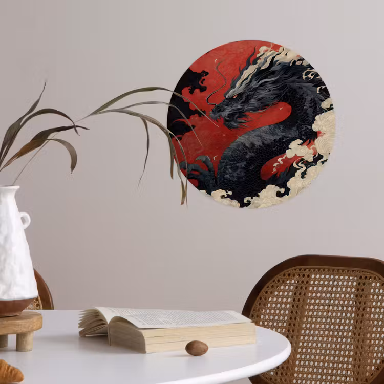 Zwarte draak - Rookwolken - Rood Wandcirkel behangsticker klein -sfeer3