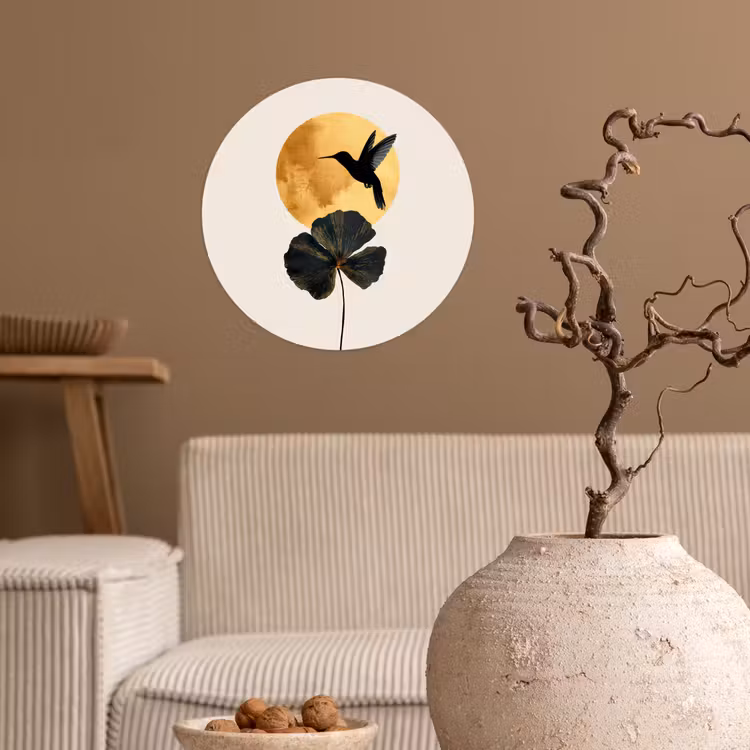 Zwarte kolibrie - Bloem - Gouden cirkel Wandcirkel behangsticker klein -sfeer1