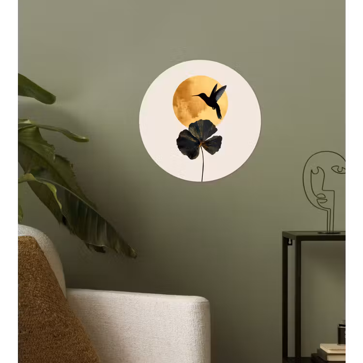 Zwarte kolibrie - Bloem - Gouden cirkel Wandcirkel behangsticker klein -sfeer2