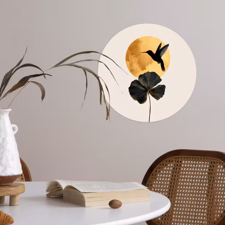 Zwarte kolibrie - Bloem - Gouden cirkel Wandcirkel behangsticker klein -sfeer3