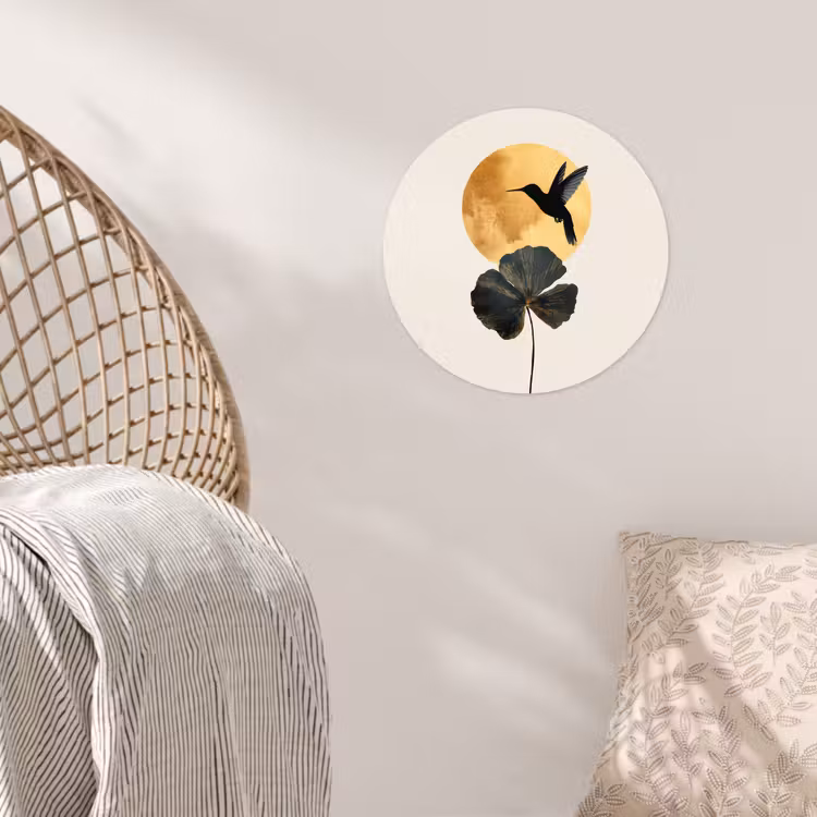 Zwarte kolibrie - Bloem - Gouden cirkel Wandcirkel behangsticker klein -sfeer4