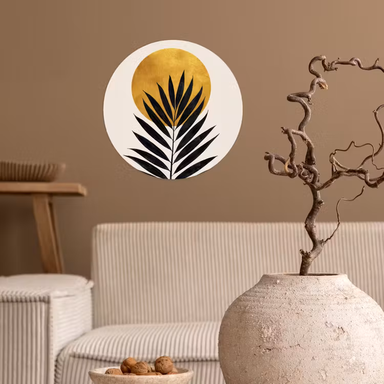 Zwart palmblad - Gouden cirkel - Beige achtergrond Wandcirkel behangsticker klein -sfeer1