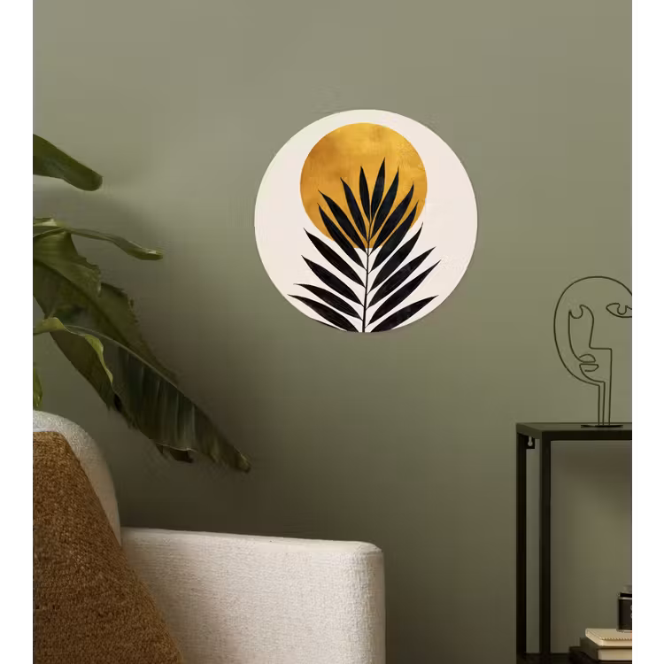 Zwart palmblad - Gouden cirkel - Beige achtergrond Wandcirkel behangsticker klein -sfeer2