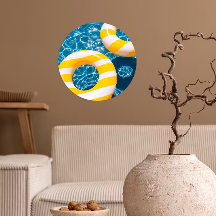 Zwembad - Zwembanden - Zomer - Geel - Blauw Wandcirkel behangsticker klein -sfeer1