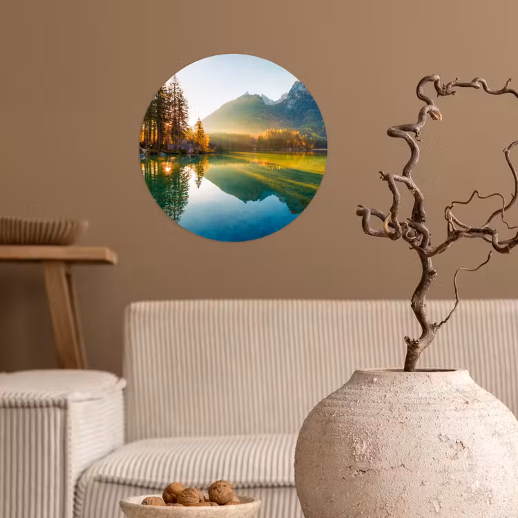 Meer - Bos - Bergen - Natuur - Zon - Landschap Wandcirkel behangsticker klein -sfeer1