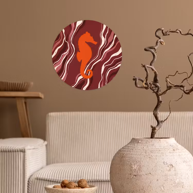 Zeepaardje - Golven - Zeeleven - Abstract - Oranje Wandcirkel behangsticker klein -sfeer1