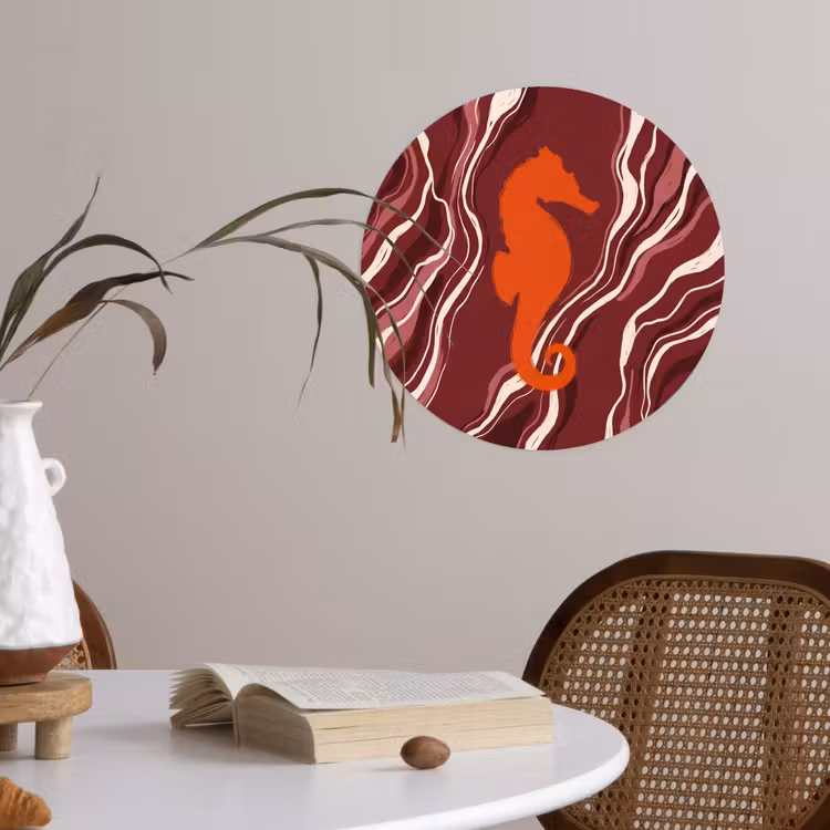 Zeepaardje - Golven - Zeeleven - Abstract - Oranje Wandcirkel behangsticker klein -sfeer3