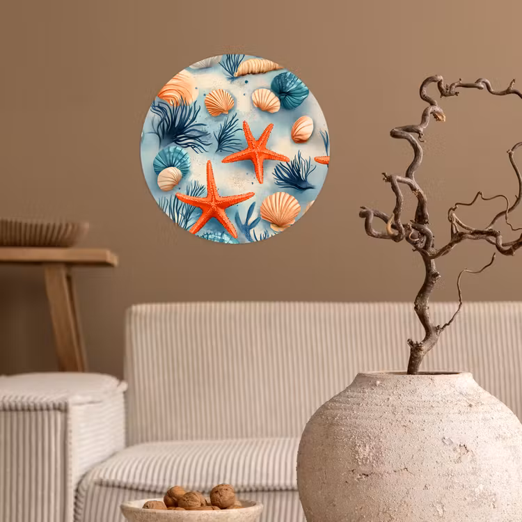 Zeesterren - Schelpen - Illustratie - Zand Wandcirkel behangsticker klein -sfeer1