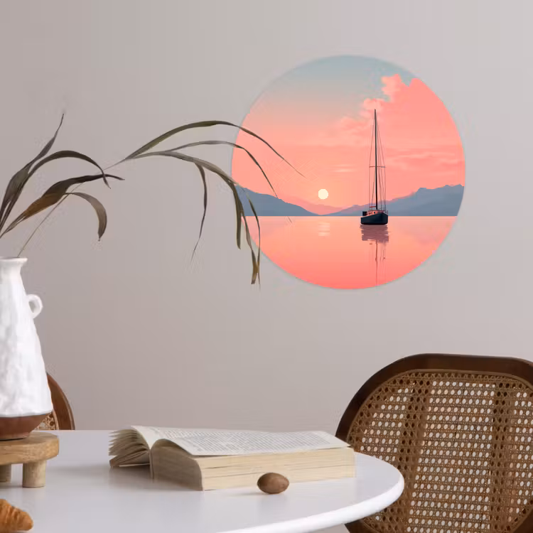 Zeilboot - Roze zee - Zonsondergang - Bergen Wandcirkel behangsticker klein -sfeer3