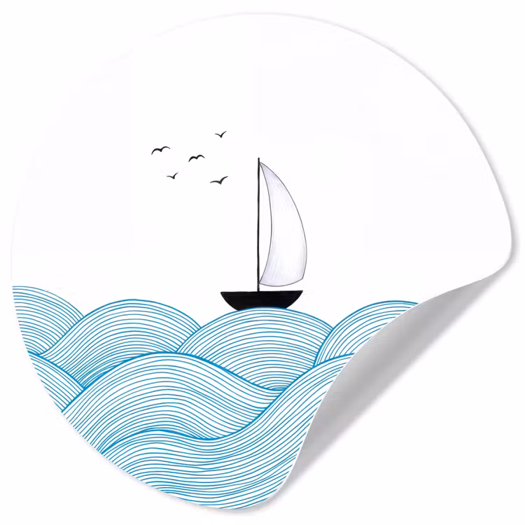 Zeilboot - Golven - Zee - Illustratie - Blauw Wandcirkel behangsticker klein -3d