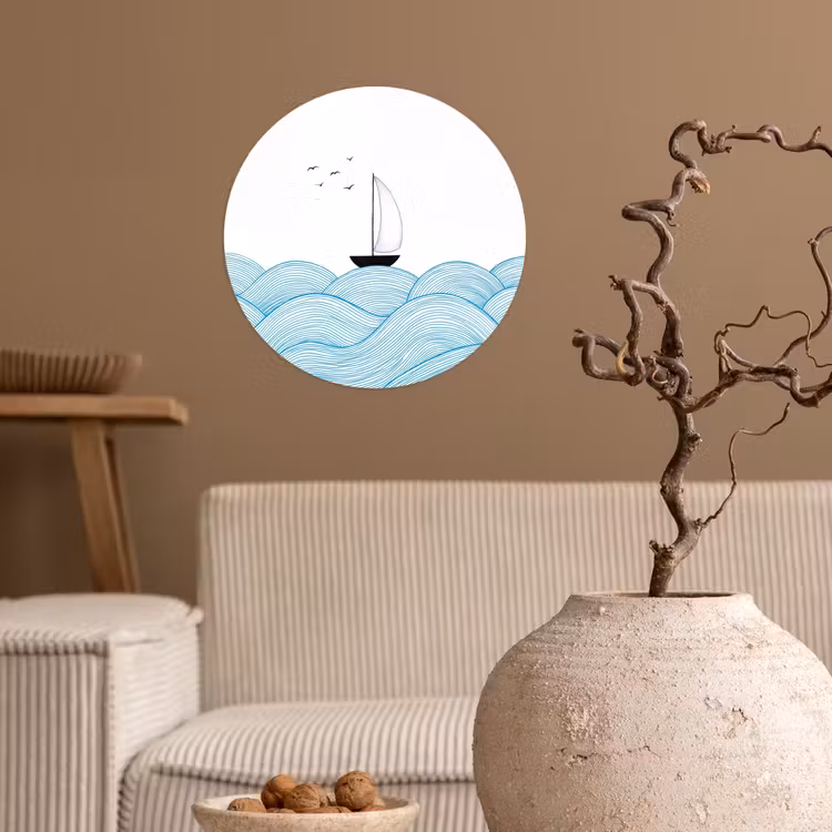 Zeilboot - Golven - Zee - Illustratie - Blauw Wandcirkel behangsticker klein -sfeer1