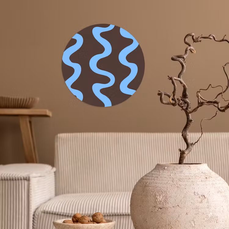 Kronkelende lijnen - Blauw - Bruin - Minimalistisch Wandcirkel behangsticker klein 186 -sfeer1