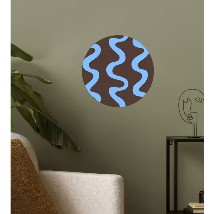 Kronkelende lijnen - Blauw - Bruin - Minimalistisch Wandcirkel behangsticker klein 186 -sfeer2