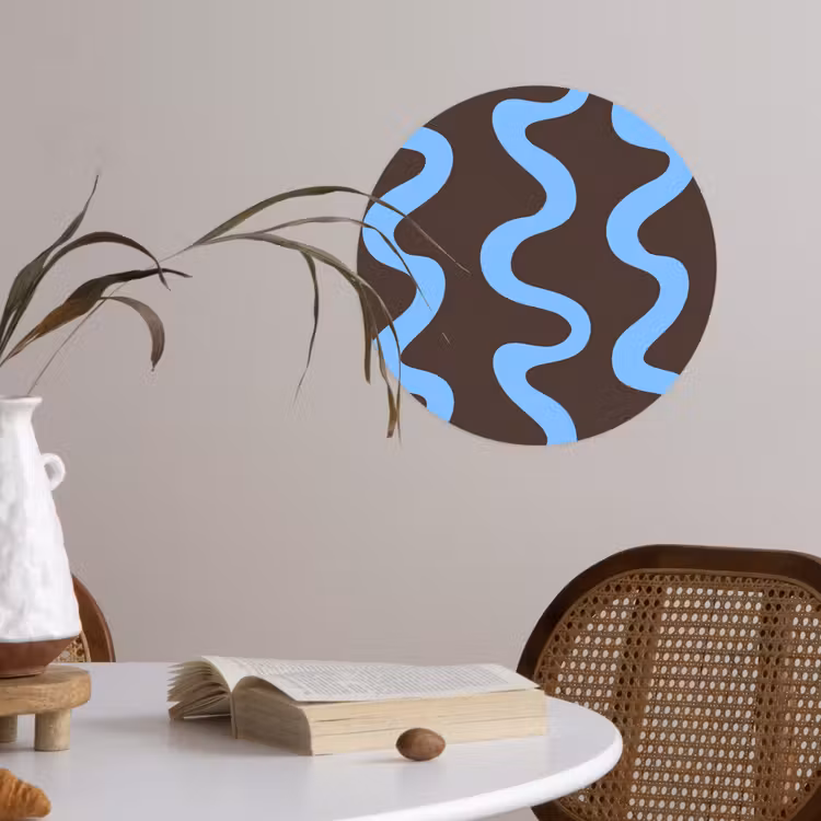 Kronkelende lijnen - Blauw - Bruin - Minimalistisch Wandcirkel behangsticker klein 186 -sfeer3