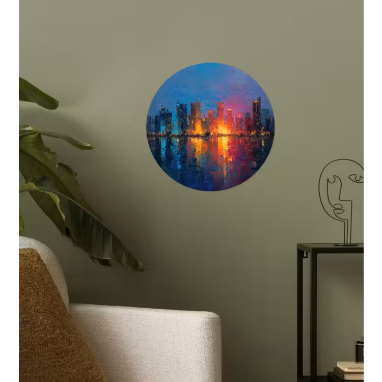 Skyline - Penseelstreken - Donkerblauw - Lichtgevend Wandcirkel behangsticker klein -sfeer2