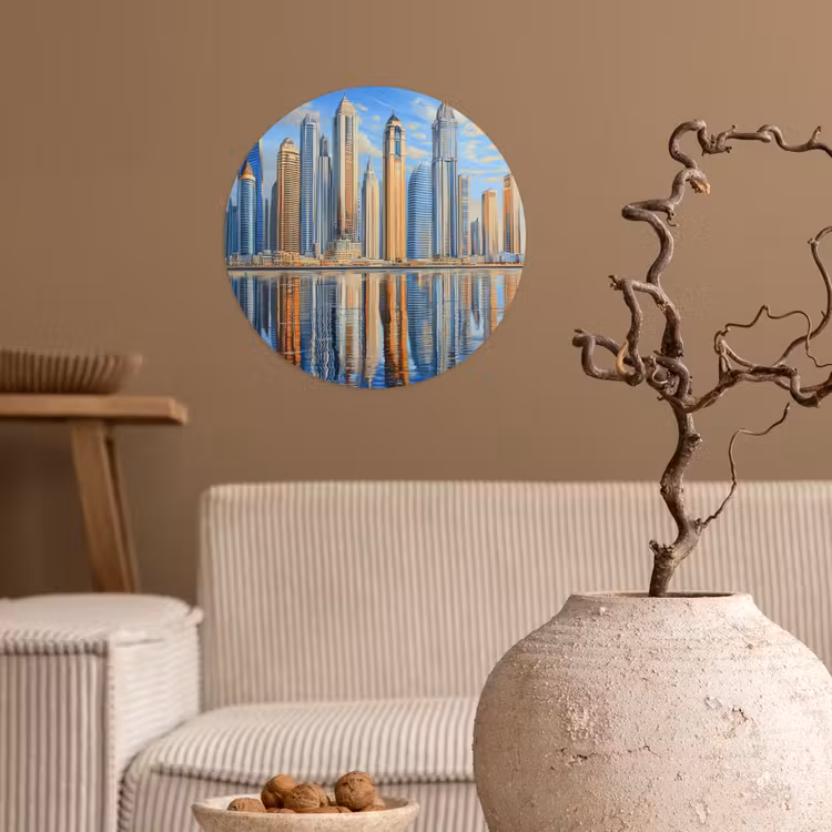 Skyline - Wolkenkrabbers - Water - Blauw Wandcirkel behangsticker klein -sfeer1