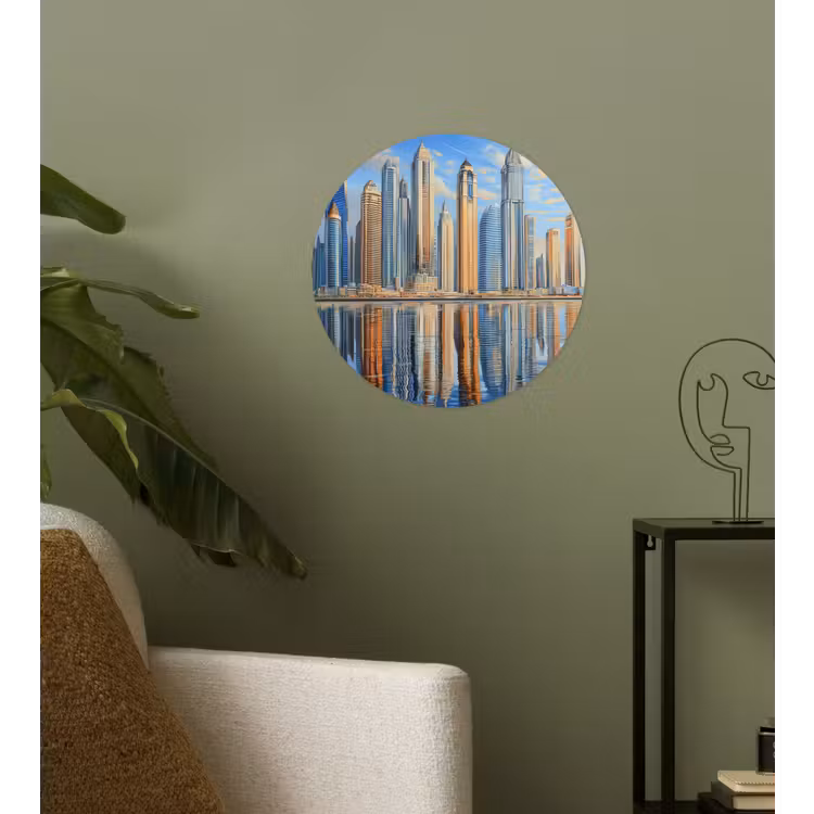 Skyline - Wolkenkrabbers - Water - Blauw Wandcirkel behangsticker klein -sfeer2