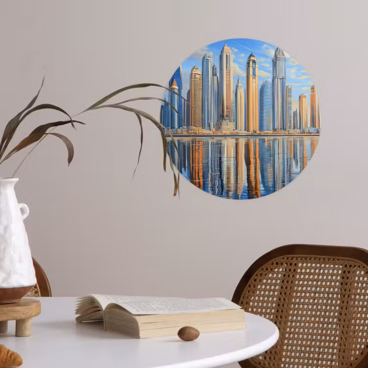 Skyline - Wolkenkrabbers - Water - Blauw Wandcirkel behangsticker klein -sfeer3