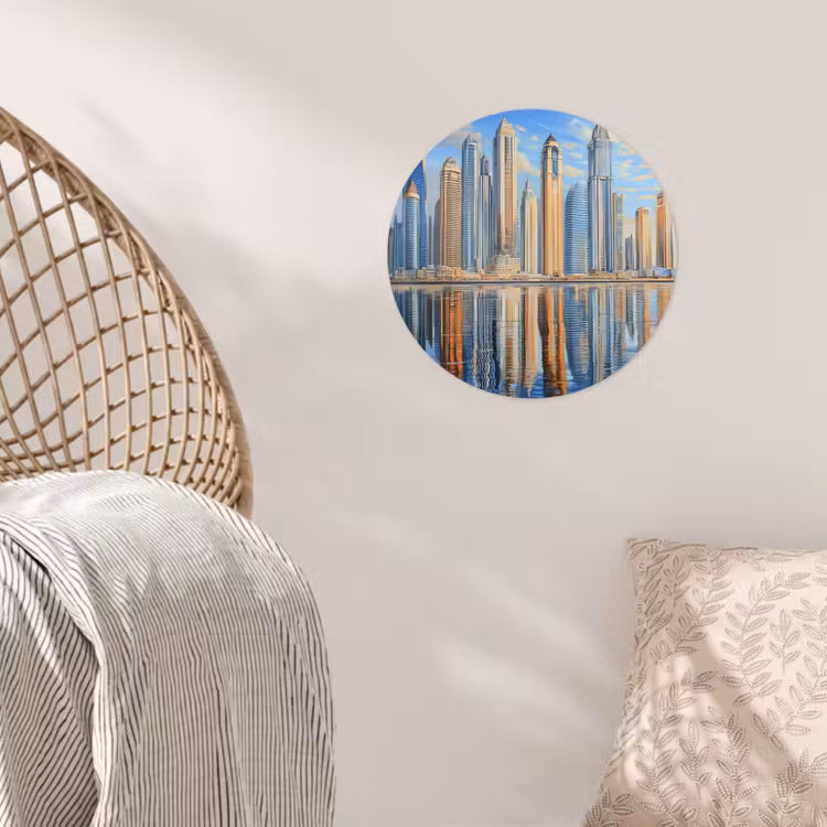 Skyline - Wolkenkrabbers - Water - Blauw Wandcirkel behangsticker klein -sfeer4