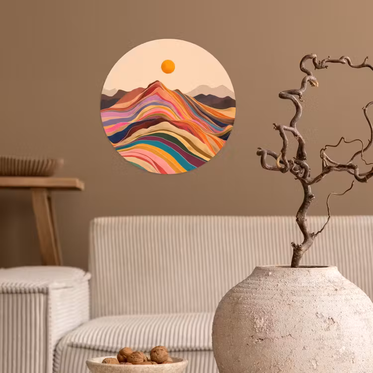Zon - Kleurrijk landschap - Bergen Wandcirkel behangsticker klein -sfeer1