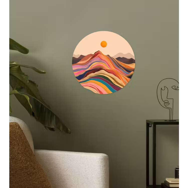 Zon - Kleurrijk landschap - Bergen Wandcirkel behangsticker klein -sfeer2