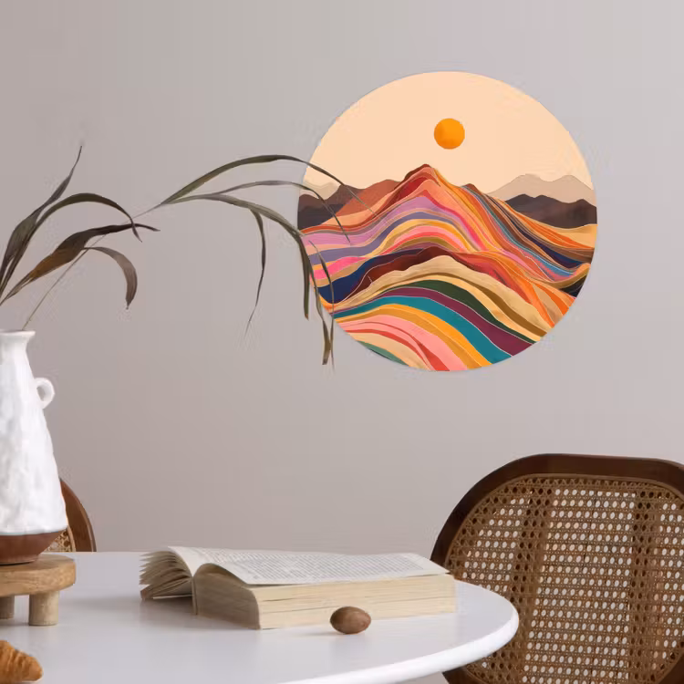 Zon - Kleurrijk landschap - Bergen Wandcirkel behangsticker klein -sfeer3