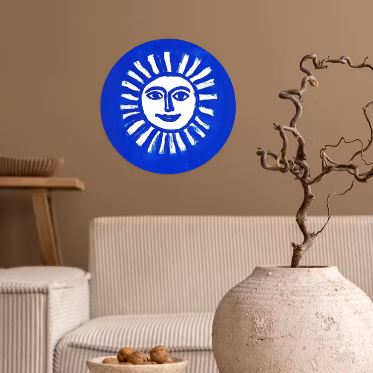 Zon - Gezicht - Penseelstructuur - Blauw Wandcirkel behangsticker klein -sfeer1