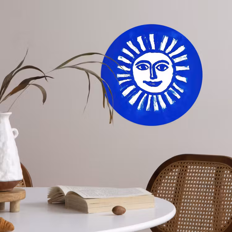 Zon - Gezicht - Penseelstructuur - Blauw Wandcirkel behangsticker klein -sfeer3
