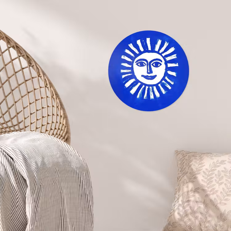 Zon - Gezicht - Penseelstructuur - Blauw Wandcirkel behangsticker klein -sfeer4