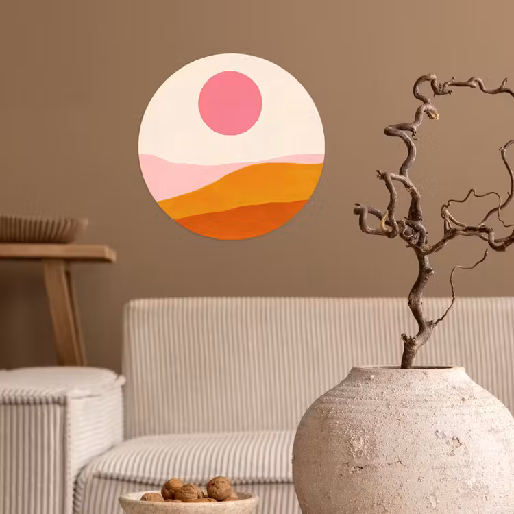 Zon - Heuvels - Abstract - Roze Wandcirkel behangsticker klein -sfeer1