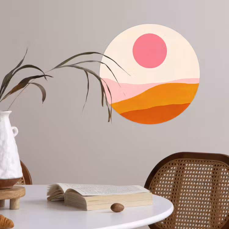Zon - Heuvels - Abstract - Roze Wandcirkel behangsticker klein -sfeer3