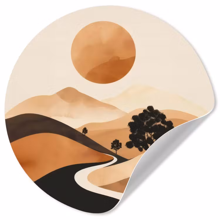 Zon - Heuvels - Boom - Abstract Wandcirkel behangsticker klein -3d