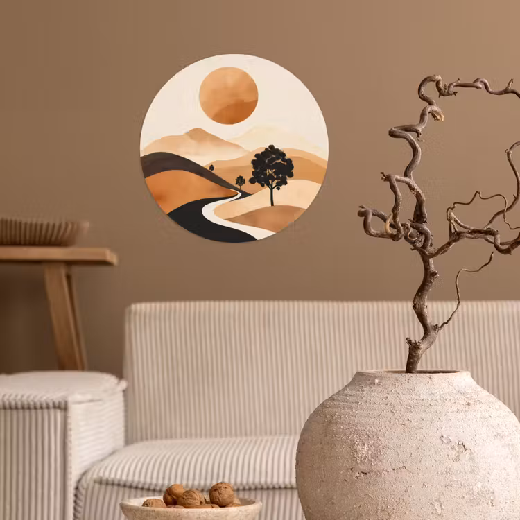 Zon - Heuvels - Boom - Abstract Wandcirkel behangsticker klein -sfeer1