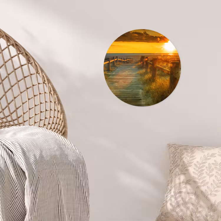 Zon - Strand - Duin - Horizon - Gras - Pad - Oranje Wandcirkel behangsticker klein -sfeer4