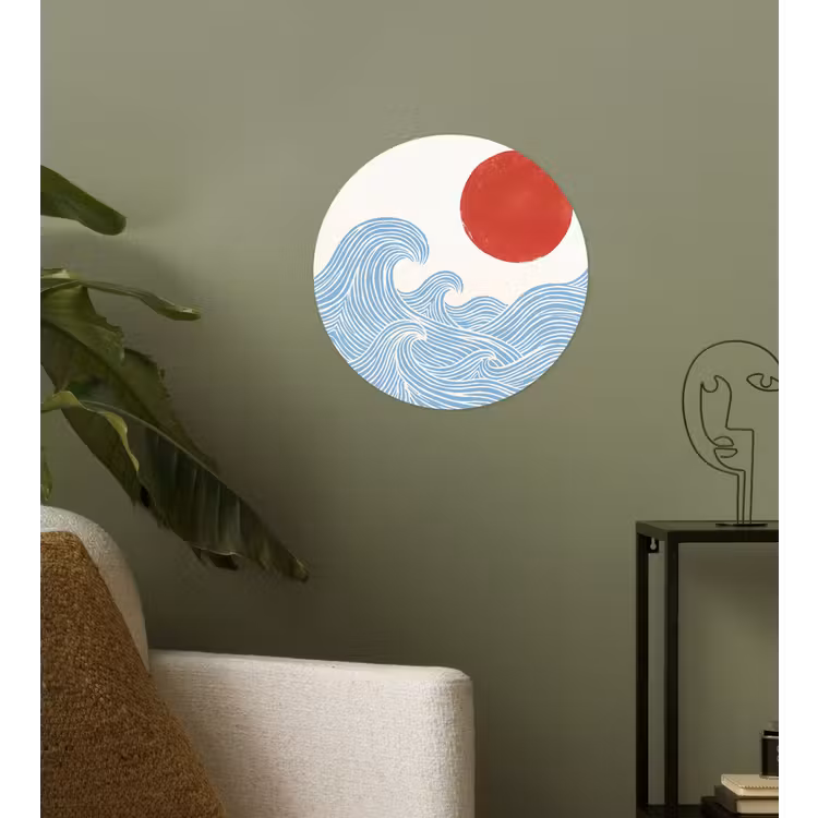 Zon - Golven - Oceaan - Abstract - Rood Wandcirkel behangsticker klein -sfeer2