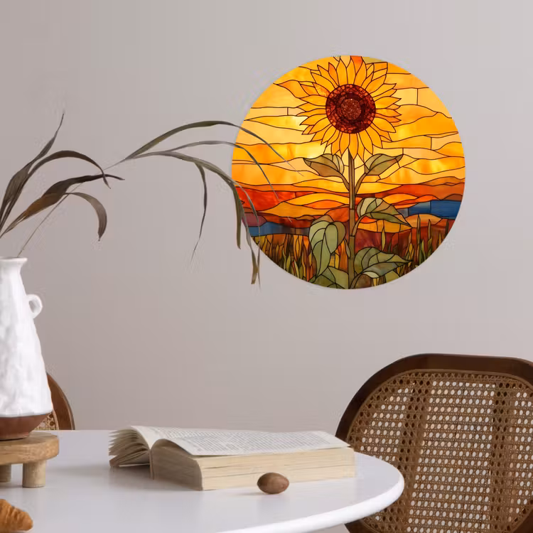 Zonnebloem - Mozaïek - Zonsondergang - Geel Wandcirkel behangsticker klein -sfeer3