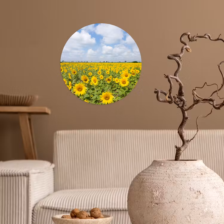 Zonnebloemen - Bloemen - Wolken - Natuur - Geel - Landschap Wandcirkel behangsticker klein -sfeer1