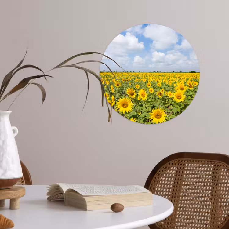 Zonnebloemen - Bloemen - Wolken - Natuur - Geel - Landschap Wandcirkel behangsticker klein -sfeer3