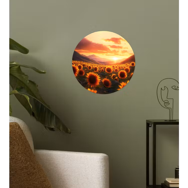 Zonnebloemen - Zonsondergang - Landschap Wandcirkel behangsticker klein -sfeer2