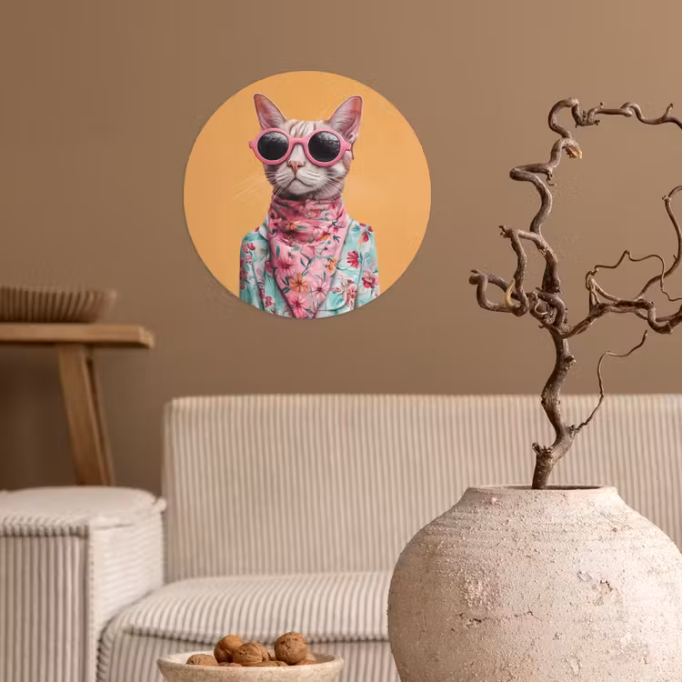 Zonnebril - Kat - Sjaal - Bloemen Wandcirkel behangsticker klein -sfeer1