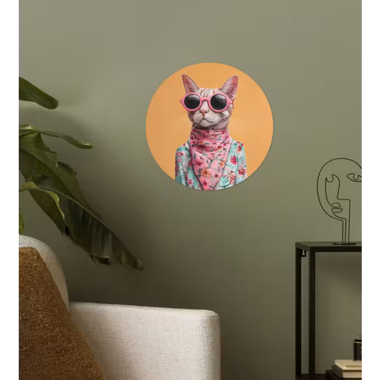Zonnebril - Kat - Sjaal - Bloemen Wandcirkel behangsticker klein -sfeer2